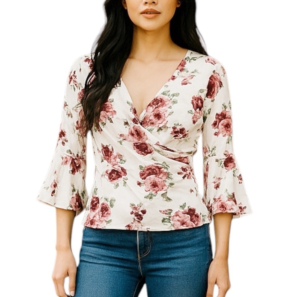Pinc Floral Wrap Top Sz XL V Neck Long Sleeve Ruffle Peony Y2K 90's Stretch
